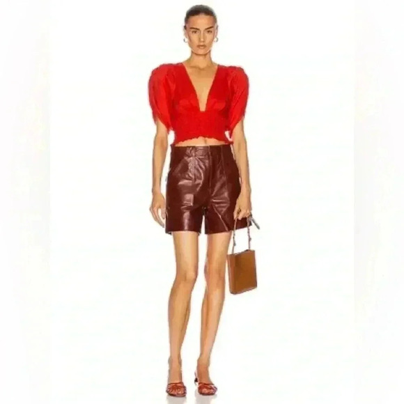 Rare! Ganni 100% lamb leather burgundy high waisted shorts sz 36 FR US 4 fall - Picture 4 of 14